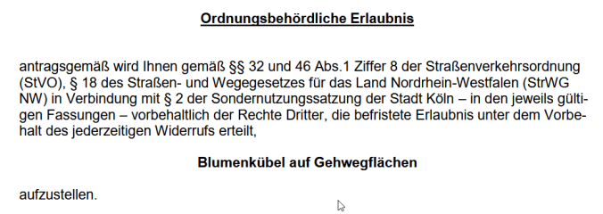 Auszug aus der offiziellne Blumenkübelgenehmigung