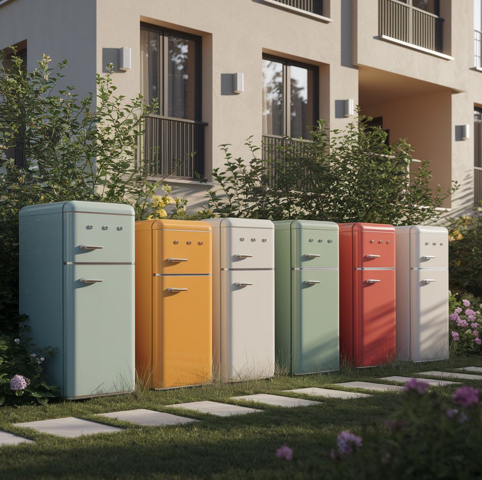 Eine Reihe von sechs einheitlichen aber unterschiedlich farbigen Kühlschränken, die ordentlich vor einem modernen Wohnhaus stehen.
