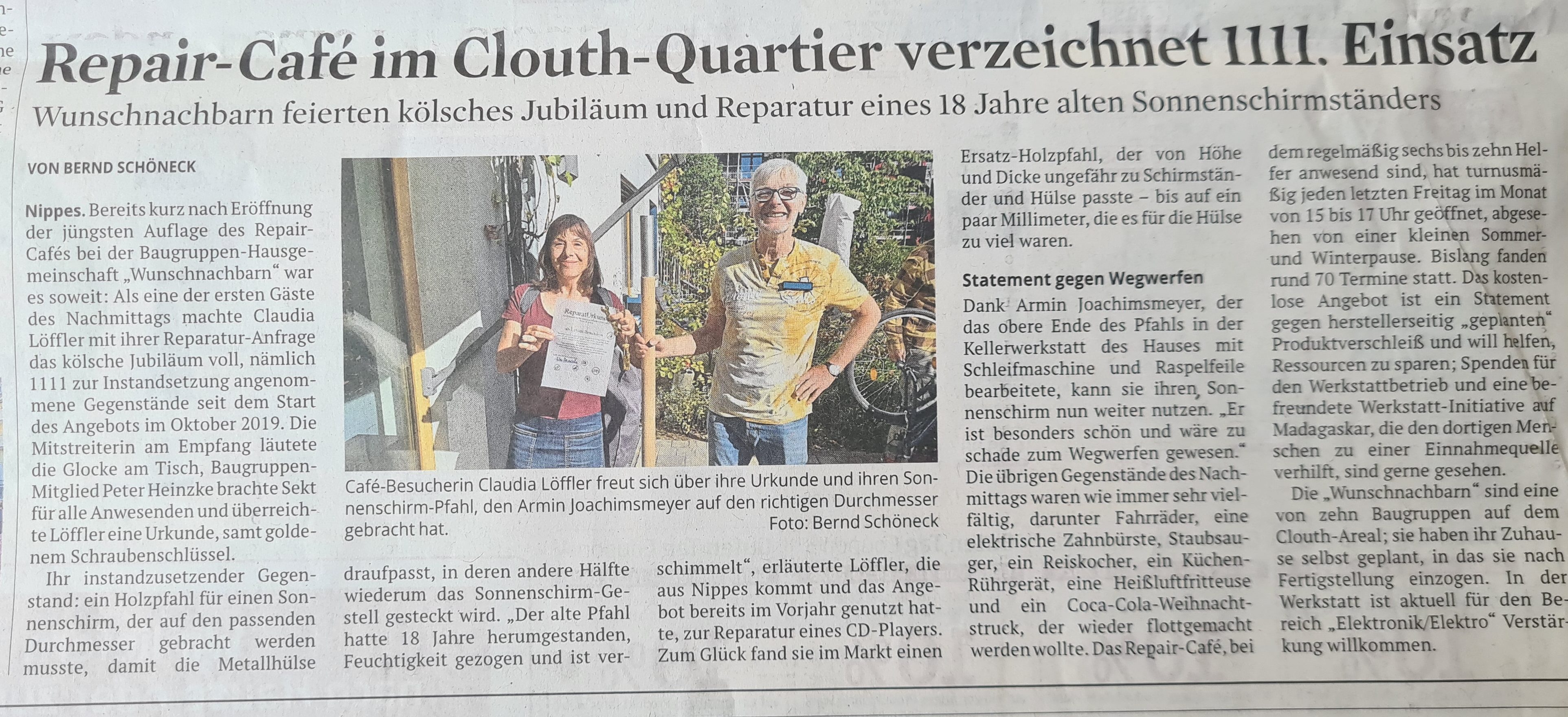 KStA Artikel zum Repair Café Jubiläum